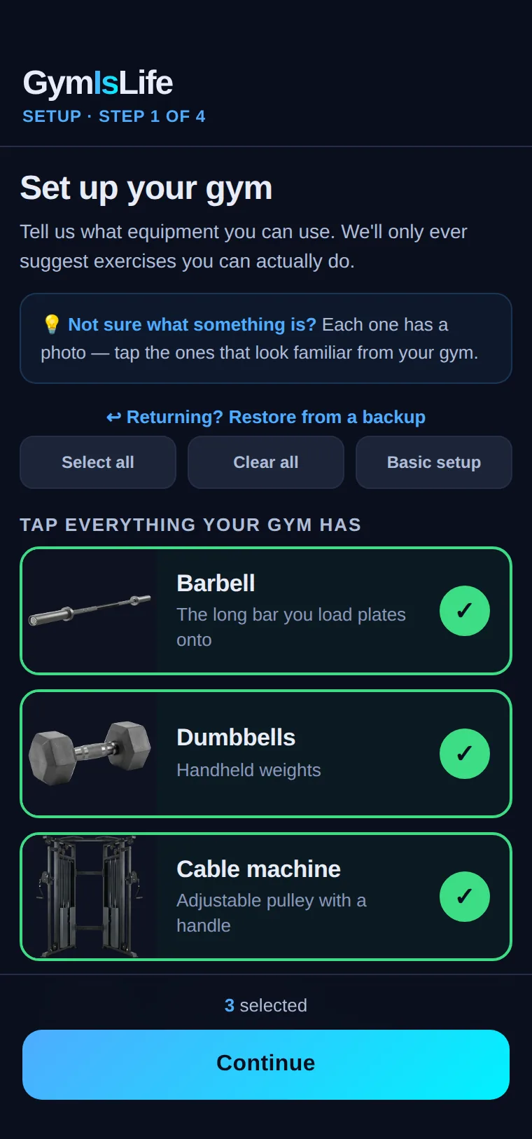The equipment picker at the start of setup, with barbell, dumbbells and cable machine ticked from a list of gym kit.