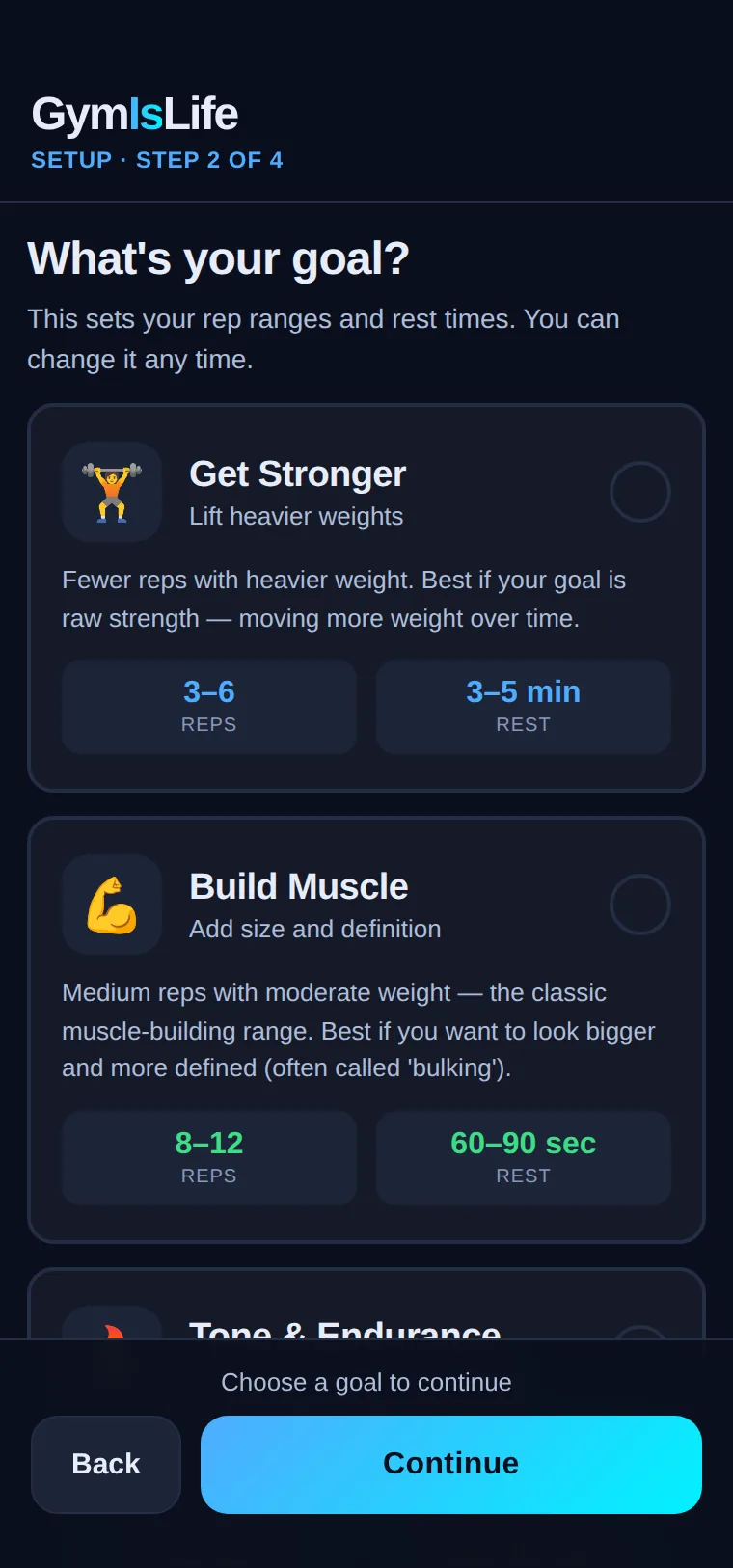 The goal screen offering Get Stronger, Build Muscle, and Tone and Endurance, with rep ranges and rest times.