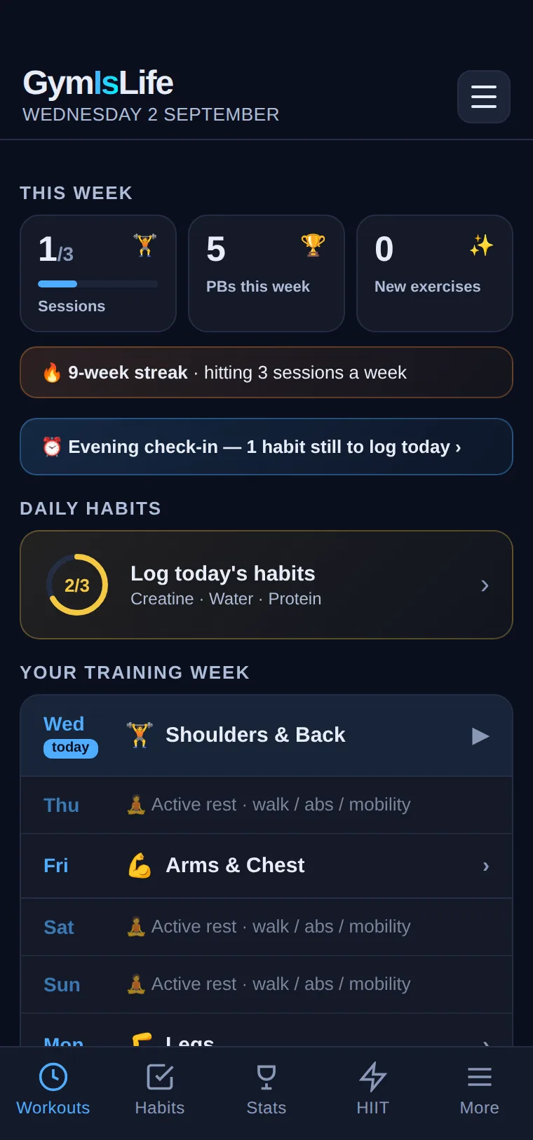 The Today screen showing a nine-week streak, five personal bests this week, the daily habit ring, and the training week with today's session ready to start and active-rest days between sessions.